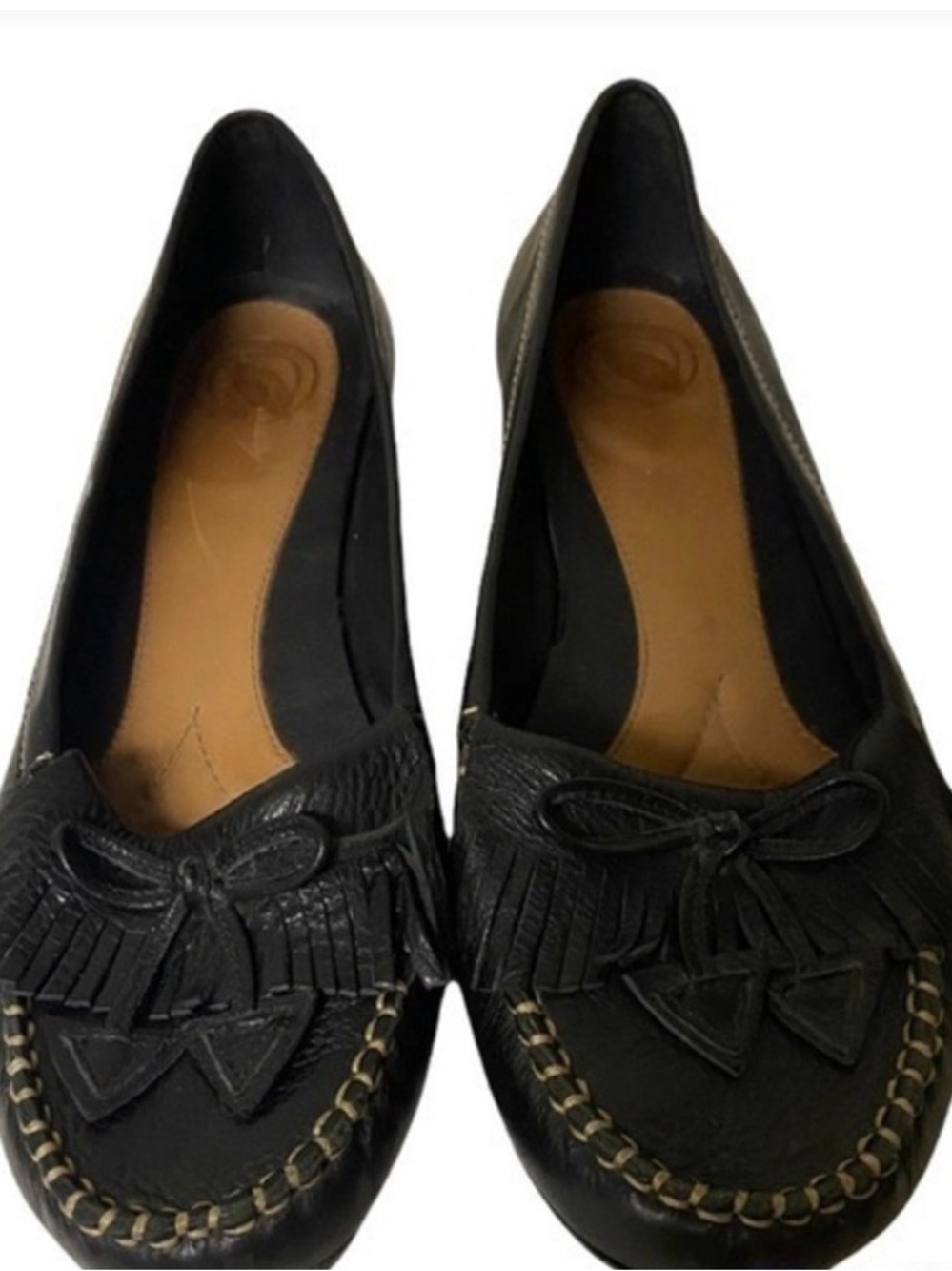 Black Leather Fringe Moccasin Flats with Bow Detail